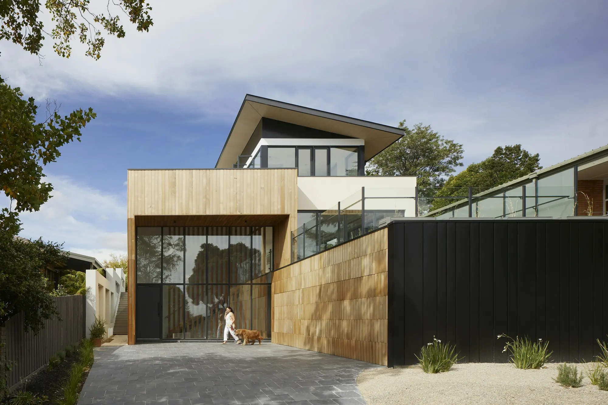 Luxury home exterior with warm afternoon light