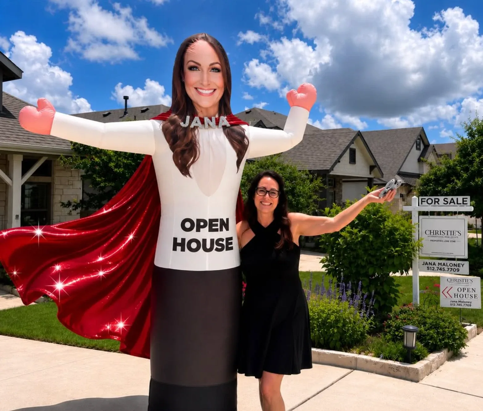 Jana Maloney beside her inflatable open-house mascot outside a Christie's International Real Estate listing